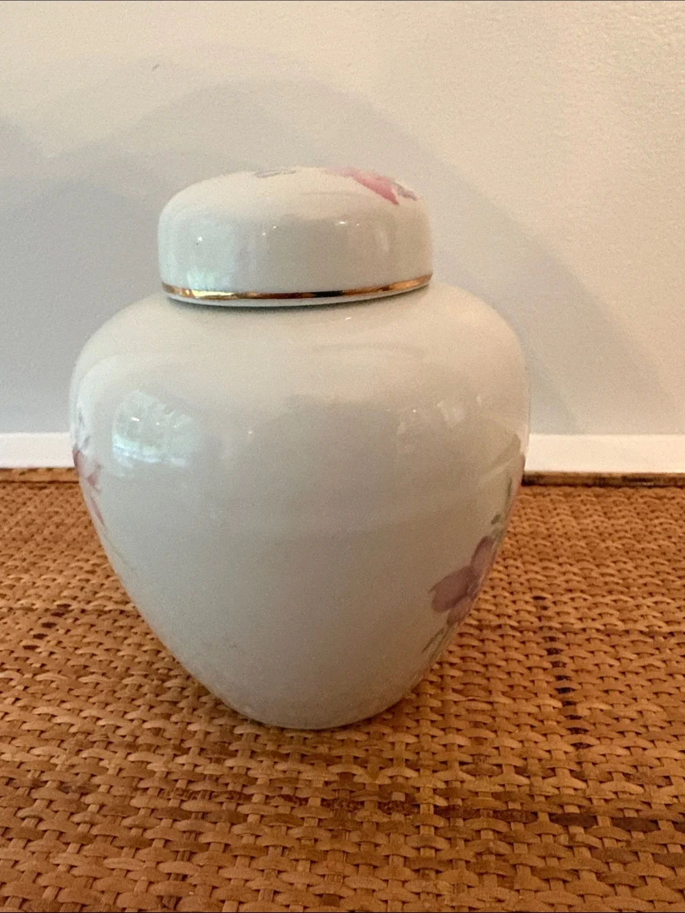 Srednick Collection Porcelain Ginger Jar, Made in Japan, Floral Motif, Gold Trim